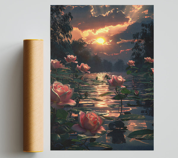 Golden Sunset Roses Poster