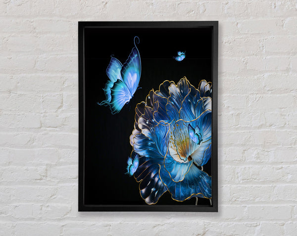 Blue Butterfly And Flower Framed Print
