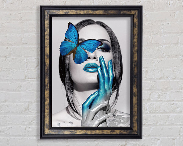 Blue Butterfly  Walnut And Walnut Woman Framed Print