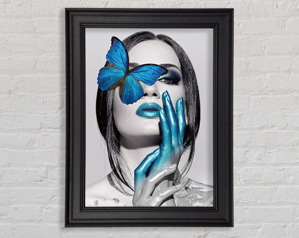 Blue Butterfly  Black And White Woman Framed Print
