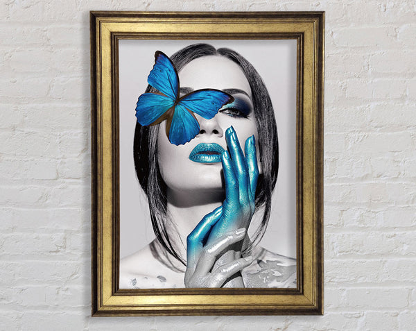 Blue Butterfly  White And White Woman Framed Print