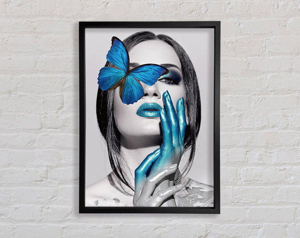 Blue Butterfly  Black And White Woman Framed Print