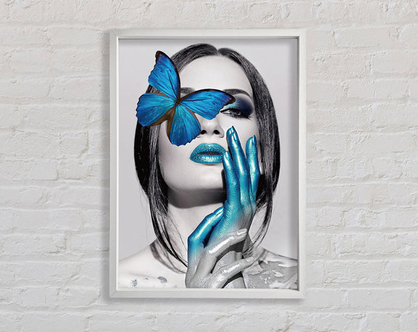 Blue Butterfly  White And White Woman Framed Print