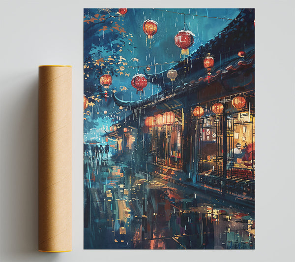 Blue Rain Lanterns Poster