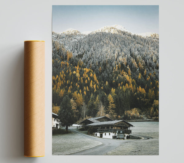 Golden Cabin In The Snow Poster