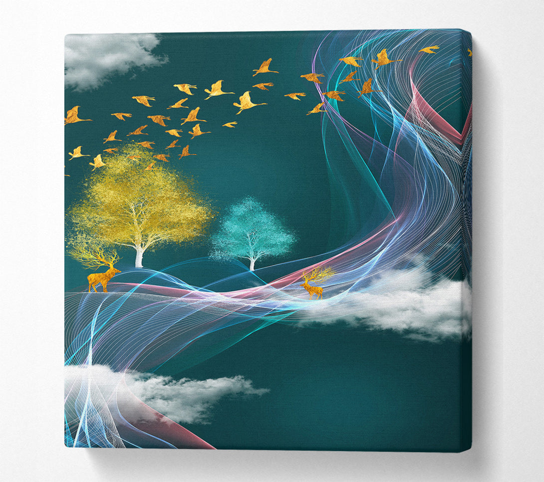  A Canvas Print of Blue Sky Gold Birds Canvas Wall Art