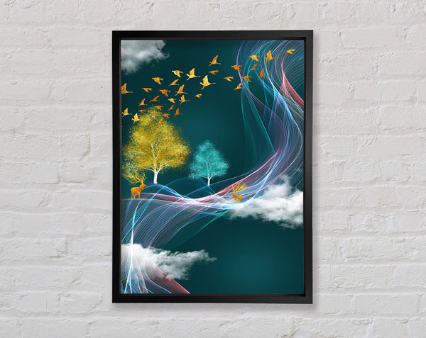 Blue Sky Gold Birds Framed Print