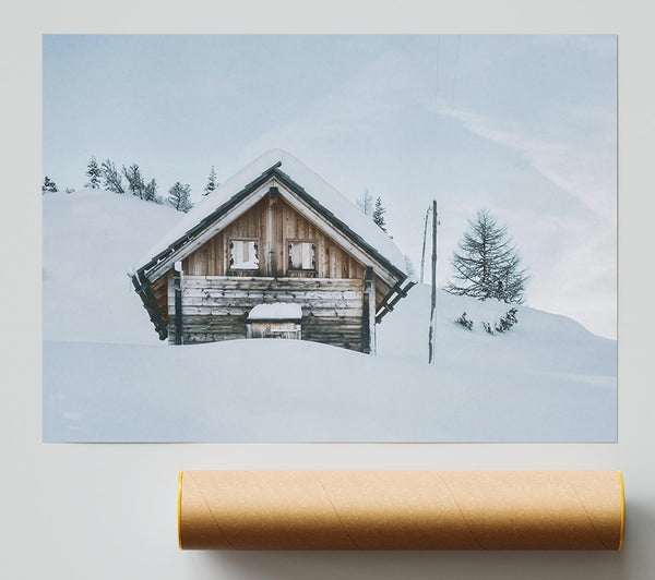 White Cabin Snow Poster
