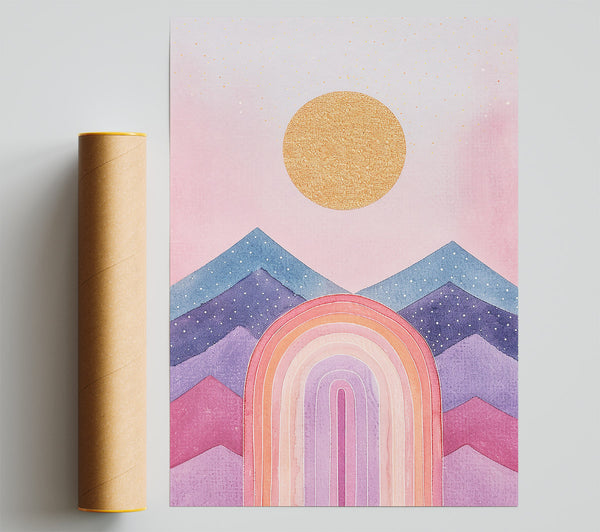 Pink Mountains & Golden Sun Poster