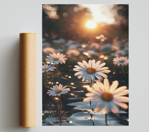 Golden Daisies In Water Print