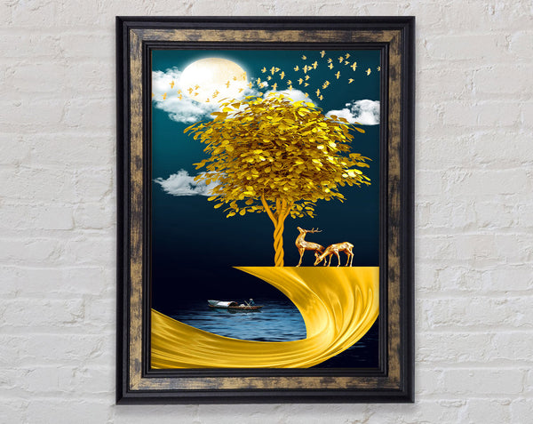 Boat On Lake  Golden Tree Framed Print