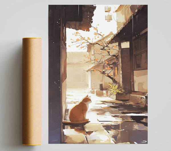 Golden Cat In Rain Giclee Print