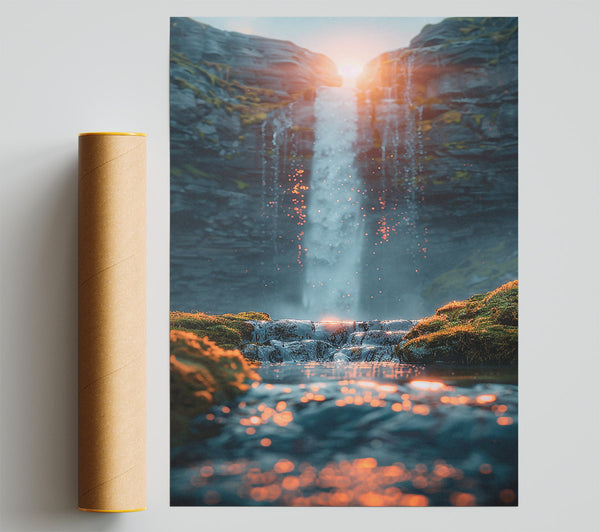 Golden Waterfall Glow Poster