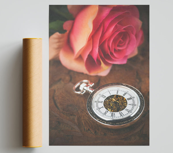Pink Rose And Timepiece Print
