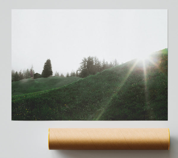 Green Sunbeams Through Hills Poster