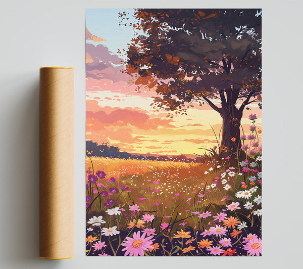 Orange Sunset Meadow Poster