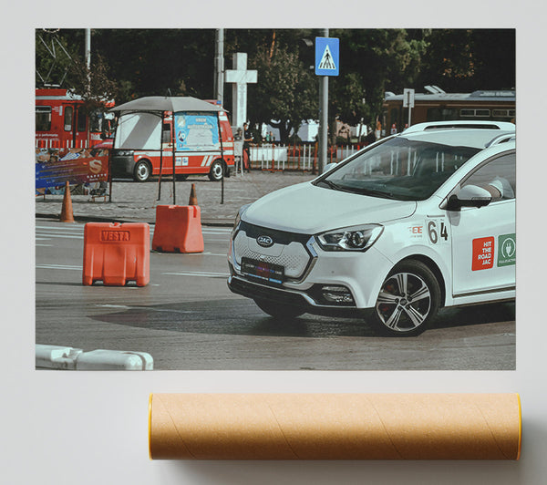 White Car Turning Red Print