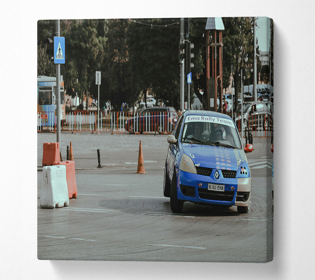  A Canvas Print of Blue Rally Car Turn Canvas Print