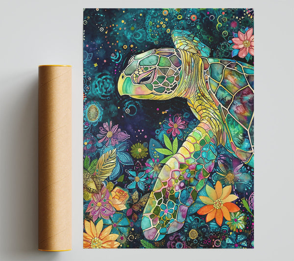 Teal Turtle Blooms Poster