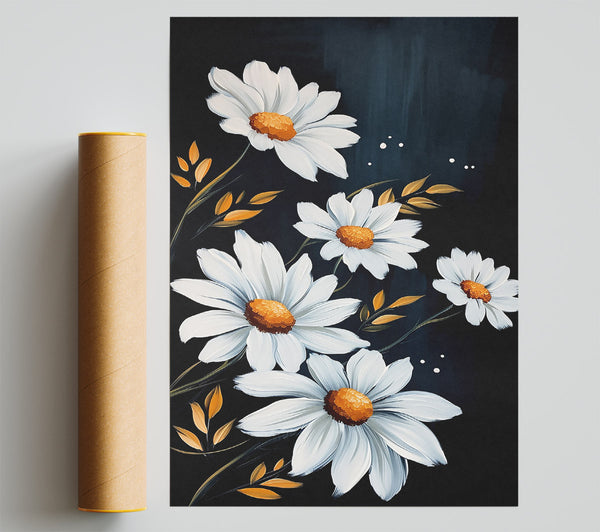 Midnight White Daisies Poster