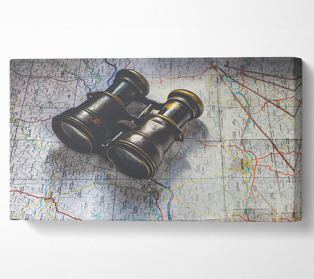  A Canvas Print of Brass Binoculars On Map Canvas Wall Art