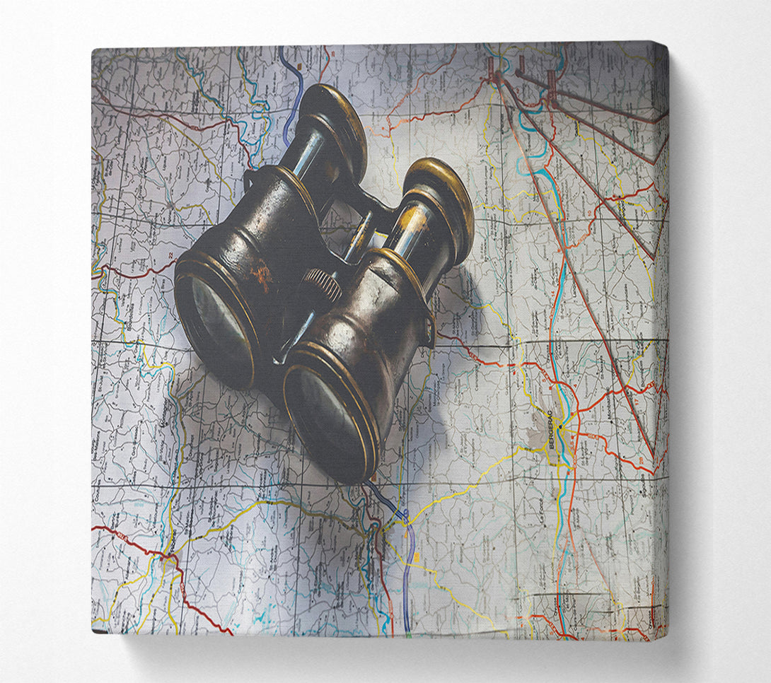  A Canvas Print of Brass Binoculars On Map Canvas Wall Art