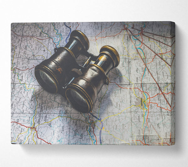  A Canvas Print of Brass Binoculars On Map Canvas Wall Art