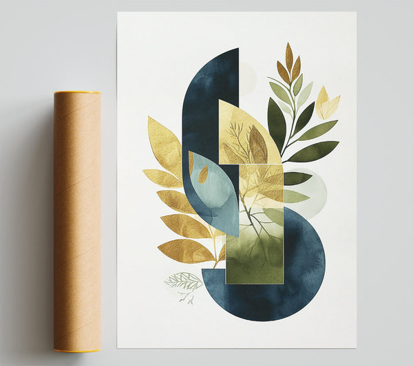 Navy Blue Geometric Leaves Giclee Print