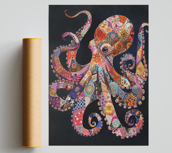 Orange Patchwork Octopus Poster