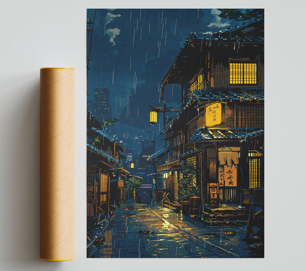 Blue Neon Rain Print