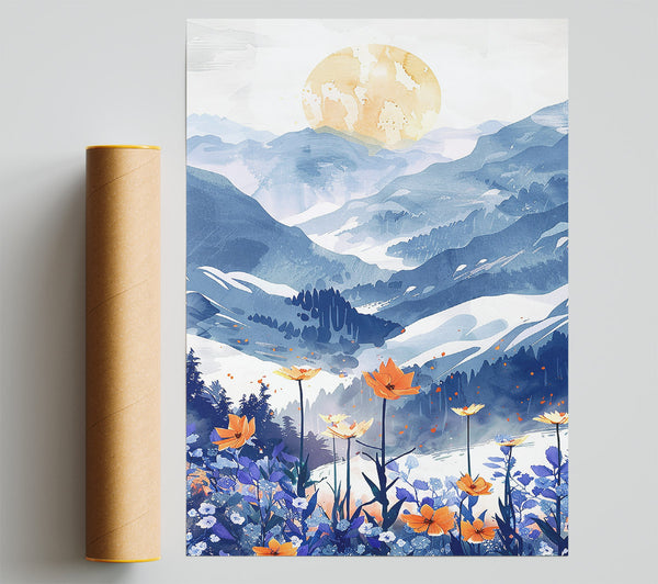Orange Bloom Mountainscape Poster