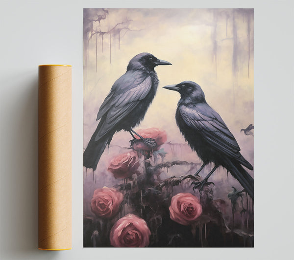 Crimson Crows Amidst Roses Giclee Print