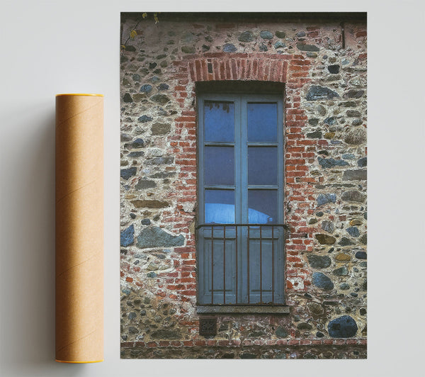 Blue Window In Stone Wall Print