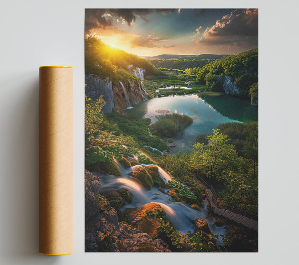 Golden Green Cascades Poster