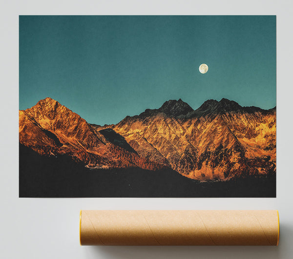 Golden Peaks And Moon Print