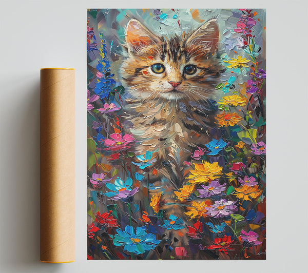 Blue Kitten In Bloom Giclee Print