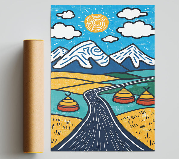 Yellow Road Through Mountains Poster