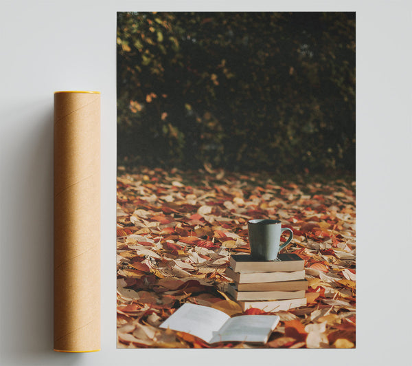 Blue Mug And Autumn Leaves Poster