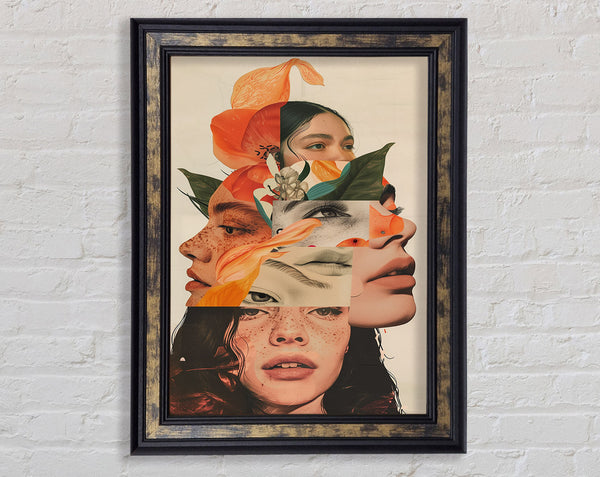 Collage Of Faces And Flowers Framed Print