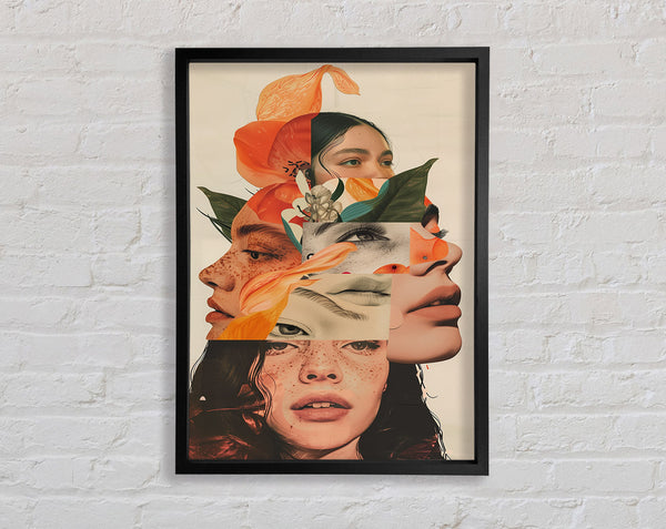 Collage Of Faces And Flowers Framed Print