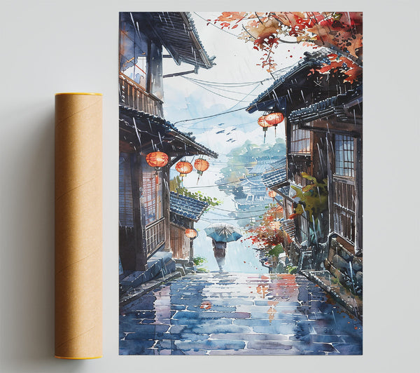 Blue Rainy Lanterns Print