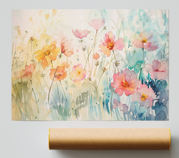 Pink Watercolor Wildflowers Poster