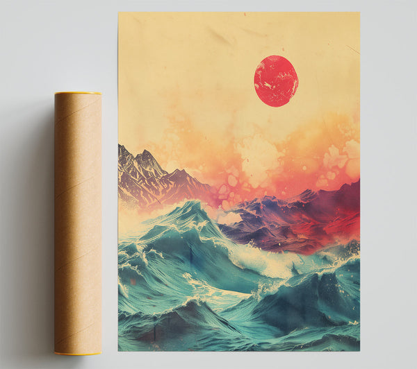 Teal Waves And Red Sun Print