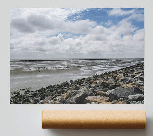 Grey Sky, Rocky Shore Poster