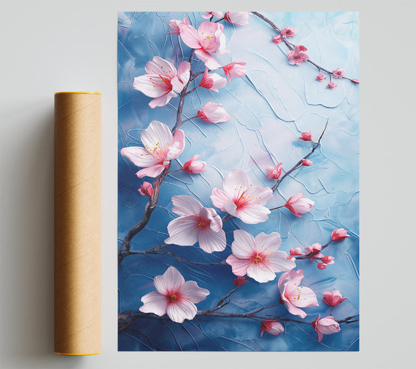 Pink Blossoms On Blue Print