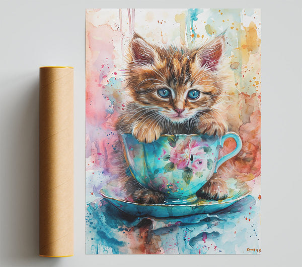 Blue Kitten Teacup Giclee Print