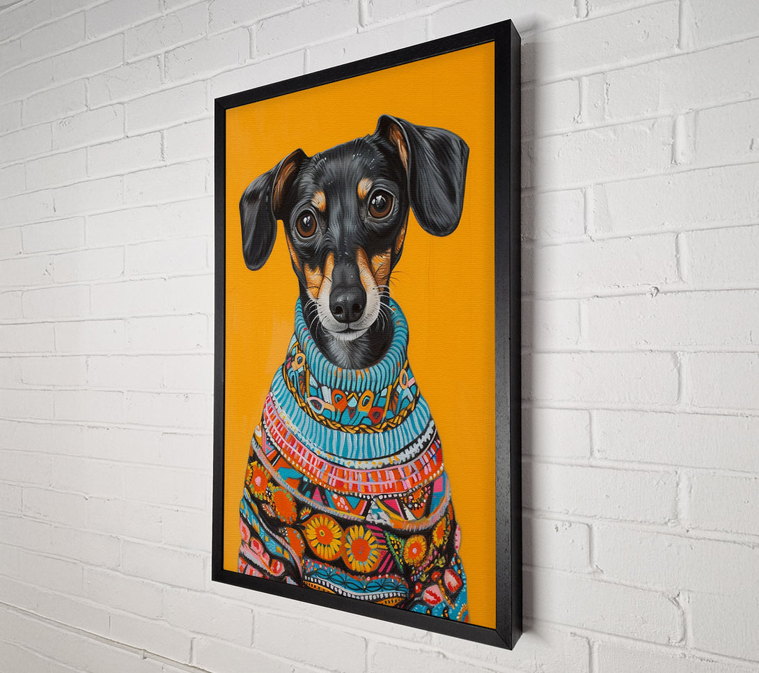  A Canvas Print of Dachshund Mix Wearing A Fun Sweater Canvas Print