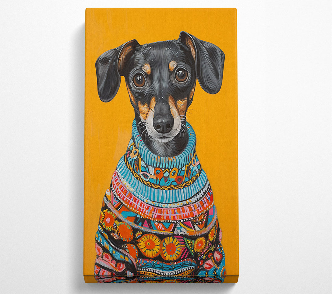  A Canvas Print of Dachshund Mix Wearing A Fun Sweater Canvas Print