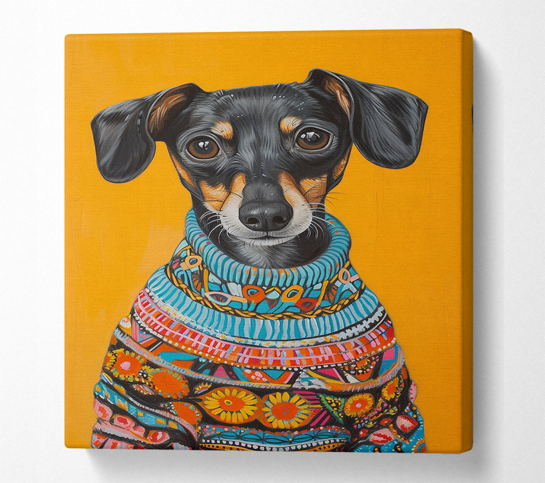  A Canvas Print of Dachshund Mix Wearing A Fun Sweater Canvas Print