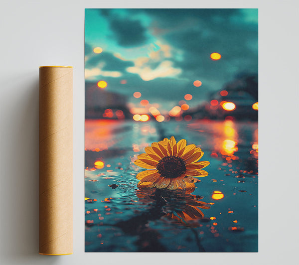 Yellow Bloom In Teal Poster